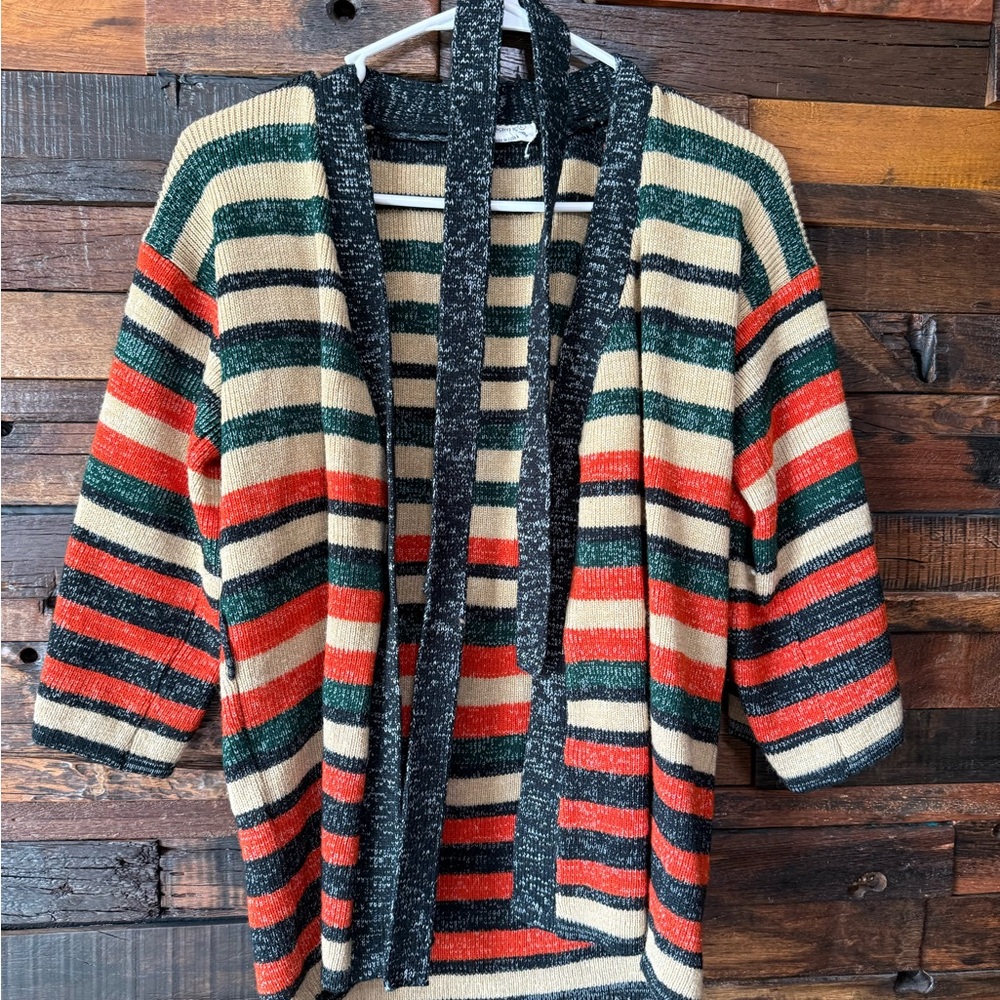 Vintage 70s 80s Striped Cardigan with Belt Open Front Knit Retro Cozy Sweater